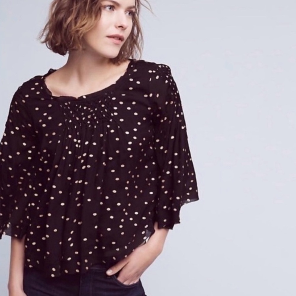 ANTRO ANTHROPOLOGIE Floreat Everafter Black and Gold Dot Swing Blouse Women's XS